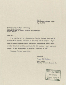 item thumbnail for Correspondence between MBMG and Ann Pasha Feb. 1976