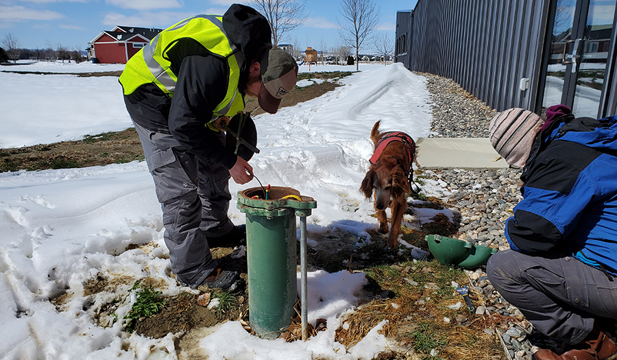 Measuring groundwater levels in Billings, MT which is used to understand changes in aquifer storage throughout the year